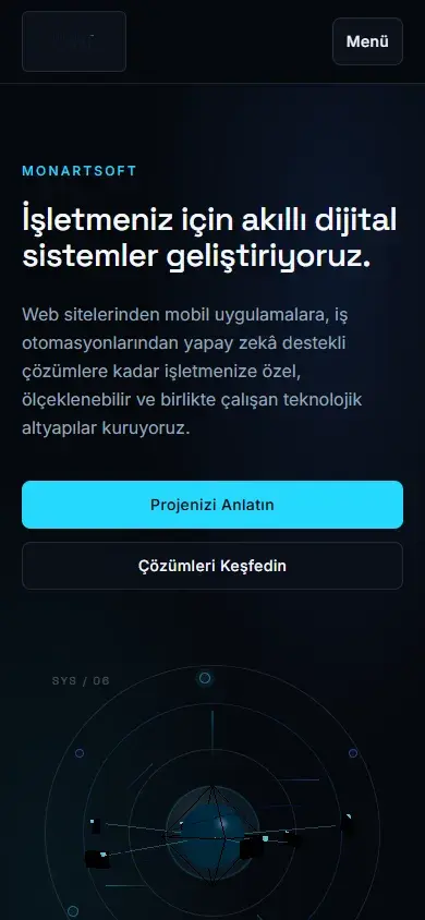 Monartsoft ana sayfa kahraman bölümünün mobil düzeni: içerik üstte, Digital Core görseli altta