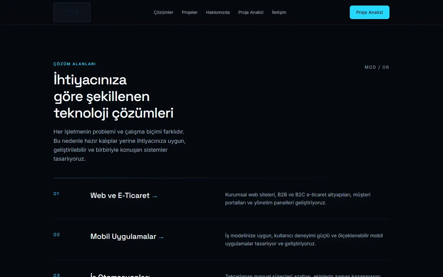 Monartsoft çözüm alanları bölümü: numaralandırılmış hizmet listesi ve editoryal tipografi